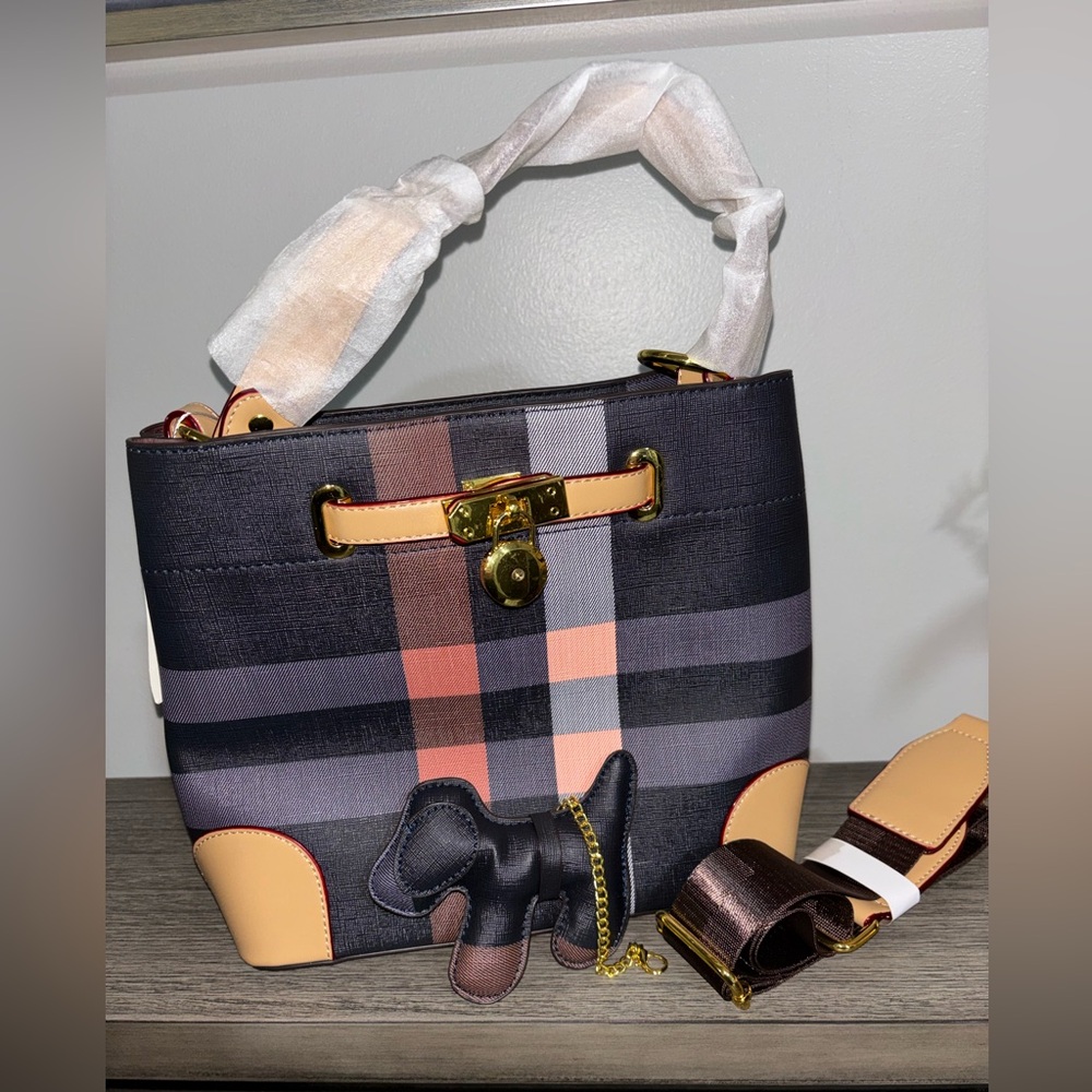 Plaid Designer Handbag with Elephant Charm